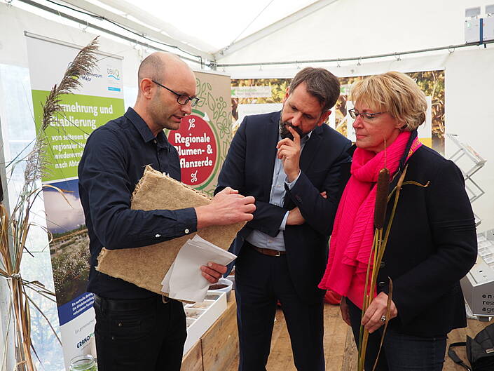 Otte-Kinast und Lies informieren sich über Dämmstoffe aus Paludikulturen