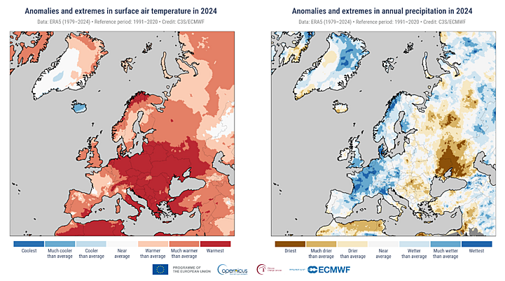 Anomalien und Extreme der jährlichen Oberflächentemperatur im Jahr 2024. (Links) Anomalien und Extreme des Jahresniederschlags bis 2024. (Rechts)