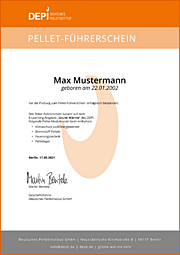 Der bestandene Pellet-Führerschein wird als Urkunde ausgestellt – perfekt für die Bewer-bungsunterlagen und den Nachweis in der Be-rufsschule!