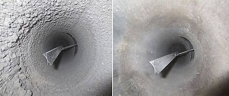 Blick in den Oeko-Tube-Inside: Abgeschiedener Feinstaub nach ca. 100 Betriebsstunden mit Holzhackgut (links) und nach erfolgter Abreinigung der Staubschicht (rechts)