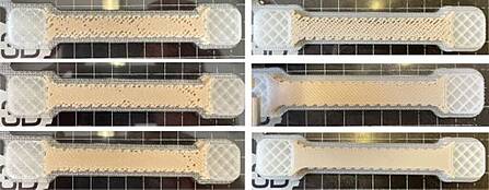 Ein Stützkunststoff aus 40 % PHBV, 10 % PEG und 50 % hochfeinem Kochsalz (im Bild die drei Prüfstäbe rechts) hatte die besten Eigenschaften für den 3D-Druck. Das Compound ist in Meerwasser vollständig biologisch abbaubar.