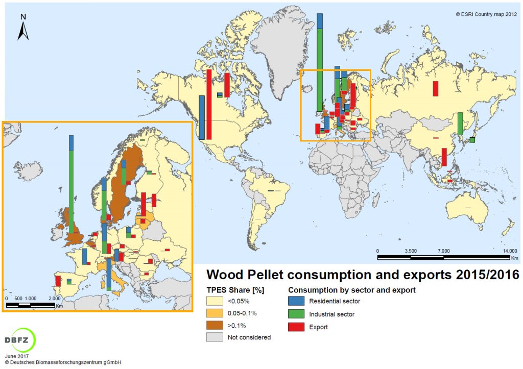 Länder mit relevantem Holzpelletverbrauch und/oder Export in 2015/2016